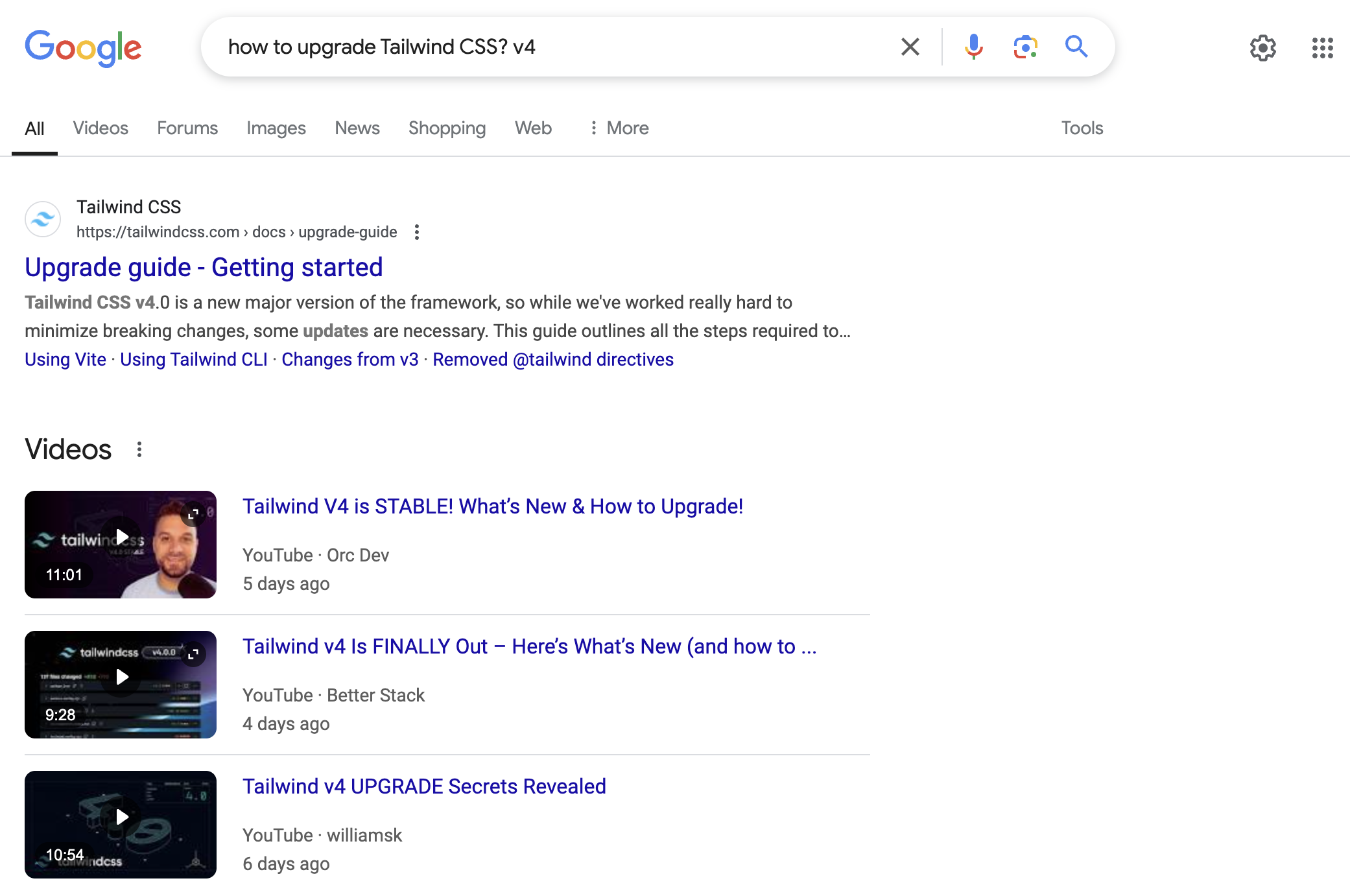 Searching up "how to upgrade Tailwind CSS? v4" in Google